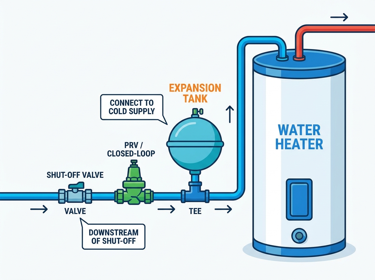 Expansion tank connection on a water heater system